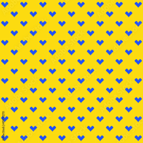 8 bit blue hearts pattern on yellow background. Graphic blue hearts on yellow backdrop. Love symbols on Valentine's day. Love for Ukraine.