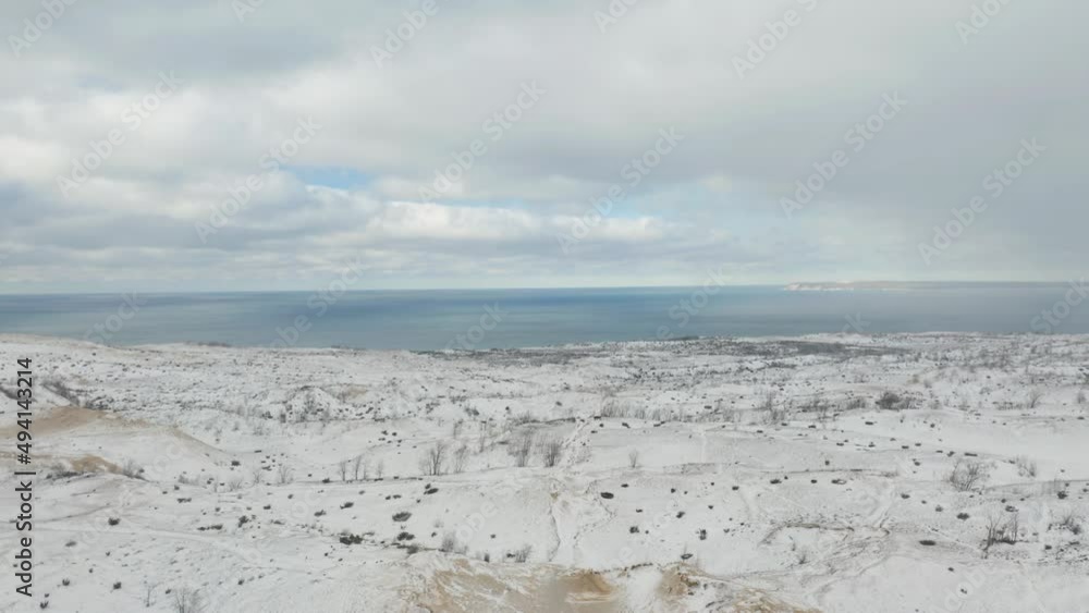 Sleeping Bear Dunes National Lakeshore in Winter. Beautiful Aerial Drone View. Pure Michigan Sleeping Bear Dunes National Lakeshore in Winter. Beautiful Aerial Drone View. Pure Michigan