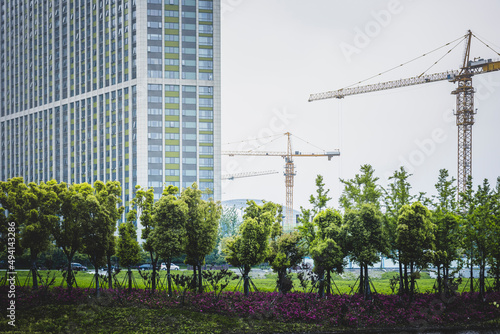 City business buildings and green plants photo