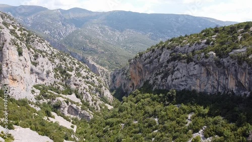 Rodellar in Bierge, Huesca, Aragon, Spain - Aerial Drone View of the Limestone Mountains and Canyon - This is a Popular region for Climbing and Hiking photo