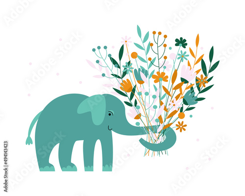 Cute elephant holding huge bunch of flowers. Greeting card. Vector flat illustration