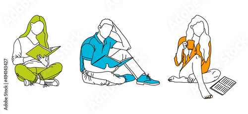 Different girls and a man are sitting and reading books or magazines. One drinks coffee or tea. Lineart and bright colors.