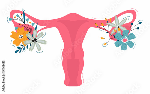 Female Reproductive System with Flowers. Feminine Gynecology. Anatomical Female Uterus, Ovaries. Vagina Symbol Menstruation. Hand Drawn Uterus, Womb Female Reproductive Organs. Vector illustration.