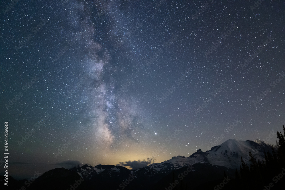 Milky Way and stars in the night sky over Mt. Rainier National Park, Washington