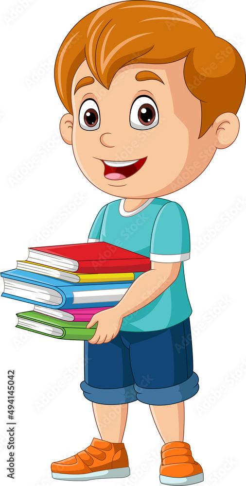 Cartoon little boy carrying a piles of book Cartoon little boy carrying a piles of book