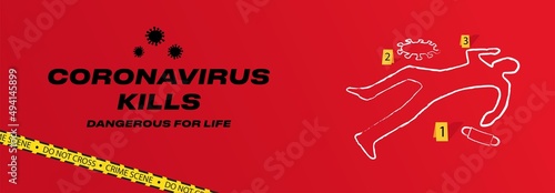Banner with the outlined body and mask of a murdered person by the coronavirus at the crime scene. A dangerous pandemic threatens all of humanity in the world. Deadly virus poster concept. Vector