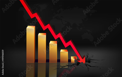 Gold chart with a red down arrow pointing to a rift in the world map. The concept of the global economic crisis. Fall of world trade. Financial failure poster. Stock market crash. Vector 2022 