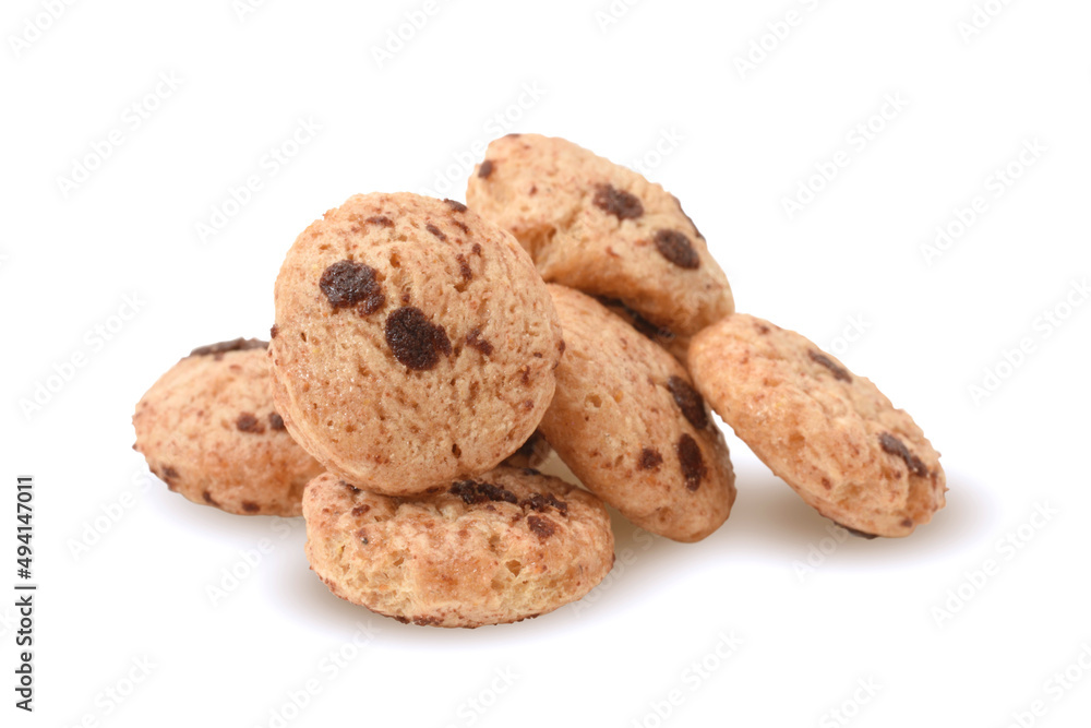 Cereals muesli or dried breakfast as cookies with chocolate drops isolated on white Cereals muesli or dried breakfast as cookies with chocolate drops isolated on white
