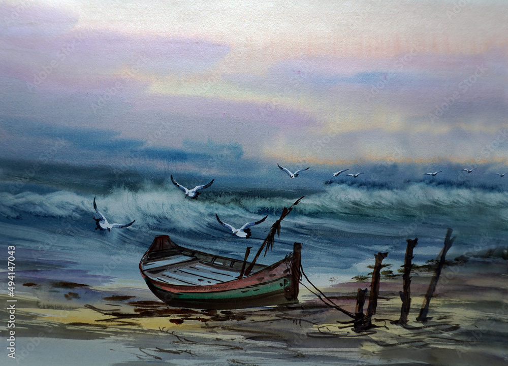art  Watercolor painting, windy sea and fishing boats , School of Art