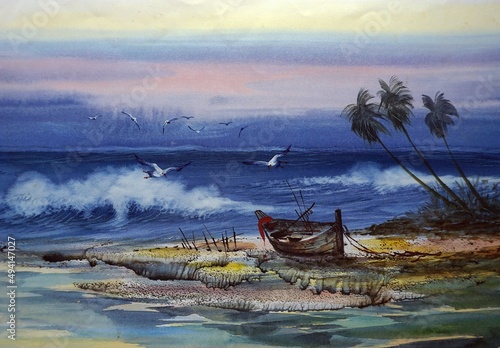 art Watercolor painting, windy sea and fishing boats , phuket thailand