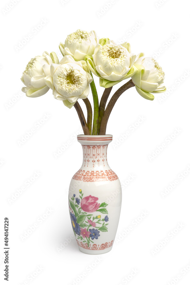 Folded White Lotus Flowers in Vintage Vase, traditional Thai style folding, isolated on white background. Clipping path