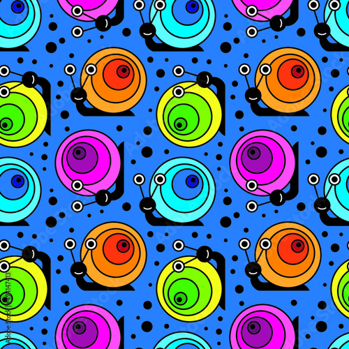 Funny cartoon snail seamless pattern on blue background. Vector illustration.