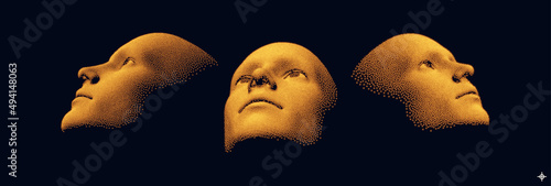 Three faces looking in different directions. Anonymous social masking. Technology and robotics concept. 3D vector illustration.