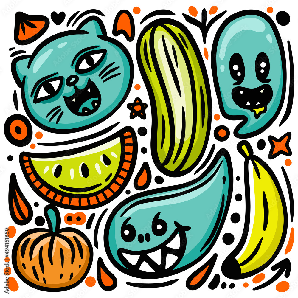 Hand drawn funny objects and characters doodle illustration Stock ...