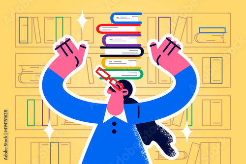 Smiling woman librarian with books stack on head