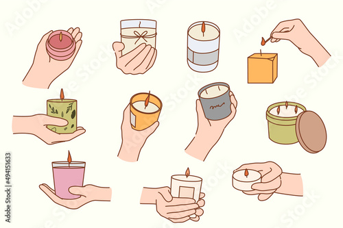 Set of diverse people hold candles make cozy atmosphere at home. Collection of modern scented wax candles with essential oils. Aromatherapy and hygge concept. Vector illustration. 