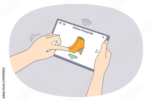 Online shopping and purchase concept. Human hands choosing shoes online on tablet screen making shopping and payment in internet vector illustration 