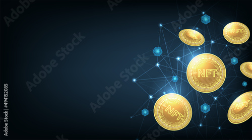 3d rendering illustration of NFT non fungible token coin.NFT coin design in circuit board style for pay unique collectibles in games.Crypto currency concept. blockchain technology. 