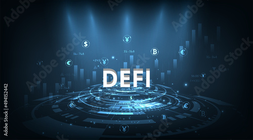 Decentralized finance (DeFi)concept.Composition of cryptocurrency with digital asset vector on dark blue background.Futuristic  decentralized financial system.3D illustration