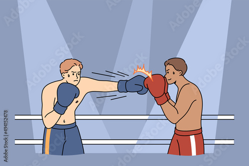 Male boxers in gloves fight at squared ring. Strong powerful sportsmen or fighter compete punching at Muay Thai boxing competition. Combat sport concept. Flat vector illustration. 