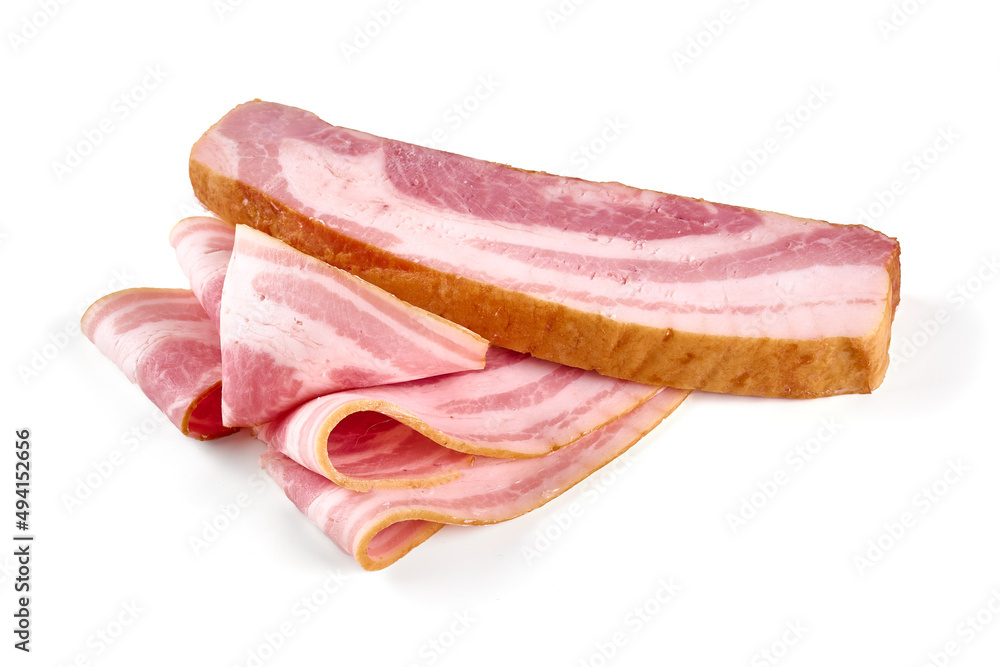 Bacon slices, pork brisket, isolated on white background.