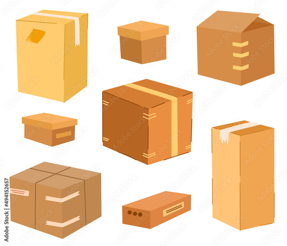 Cardboard boxes set. Delivery and packaging. Transport, delivery. Hand drawn vector illustrations isolated on the white background. Cardboard boxes set. Delivery and packaging. Transport, delivery. Hand drawn vector illustrations isolated on the white background.