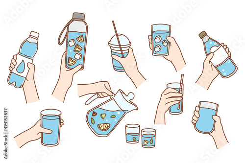 Set of people hold glasses and bottles with lemon and ice. Collection of person feel thirsty dehydrated enjoy cold clear pure water. Hydration and healthy lifestyle. Vector illustration. 