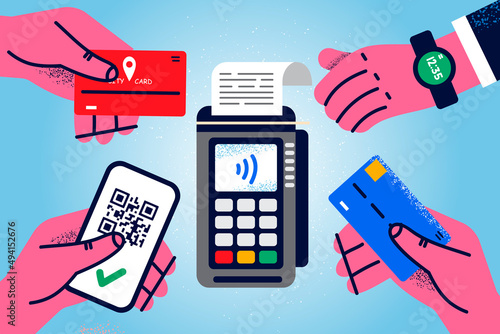 Diverse people pay on terminal with devices