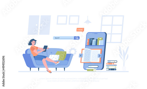 Online reading. Online service with e-books, library, education. Bookshelf and open book on phone screen. Cartoon modern flat vector illustration for banner, website design, landing page. © vectorhot