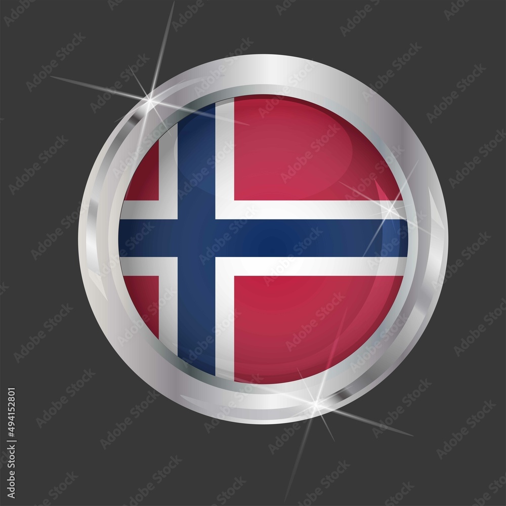 Obraz premium Flag of Bouvet Island in circle. 3D effect. Glossy and shiny button with metal frame and sparkles. Light reflection. Round Graphic design element. Isolated on gray background. Vector image EPS 10. 