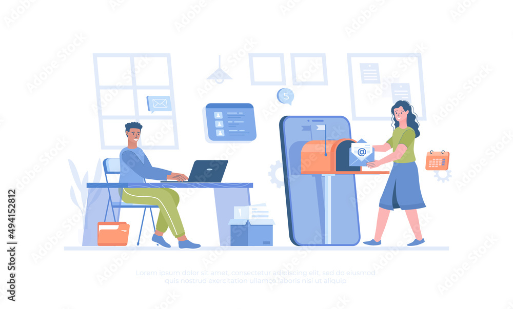 Mobile email service. Newsletter sending, promo mail, email marketing. Cartoon modern flat vector illustration for banner, website design, landing page. Mobile email service. Newsletter sending, promo mail, email marketing. Cartoon modern flat vector illustration for banner, website design, landing page.