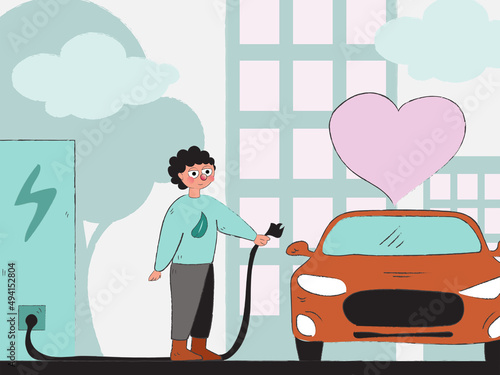 Hand drawn man charging electric car at charging station.  Environment saving. Flat vector illustration background