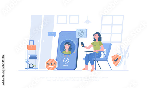 Biometric access control, personal verification. Identification with fingerprint matching or face recognition. Cartoon modern flat vector illustration for banner, website design, landing page.