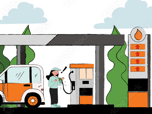 Woman standing at gas staion being shocked of gasoline price increasing. People wasting money for fuel or petrol. Hand drawn flat vector ilustration background