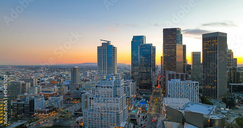 Los Angeles skyline and skyscrapers. Downtown Los Angeles aerial view  business centre of the city  downtown skyline at sunset.
