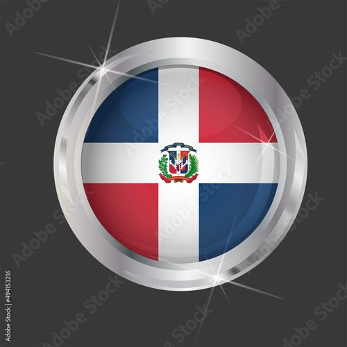 Free Download Flag of Dominican Republic in circle. 3D effect. Glossy and shiny button with metal frame and sparkles. Light reflection. Round Graphic design element. Isolated on gray background. Vector image EPS10 - GFXLoad
