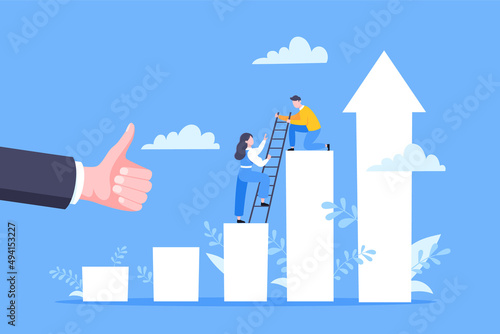 Business mentor helps to improve career and holding stairs steps vector illustration. Mentorship, upskills, climb help and self development strategy flat style design business concept.