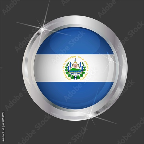 Flag of El Salvador in circle. 3D effect. Glossy and shiny button with metal frame and sparkles. Light reflection. Round Graphic design element. Isolated on gray background. Vector image EPS 10. 