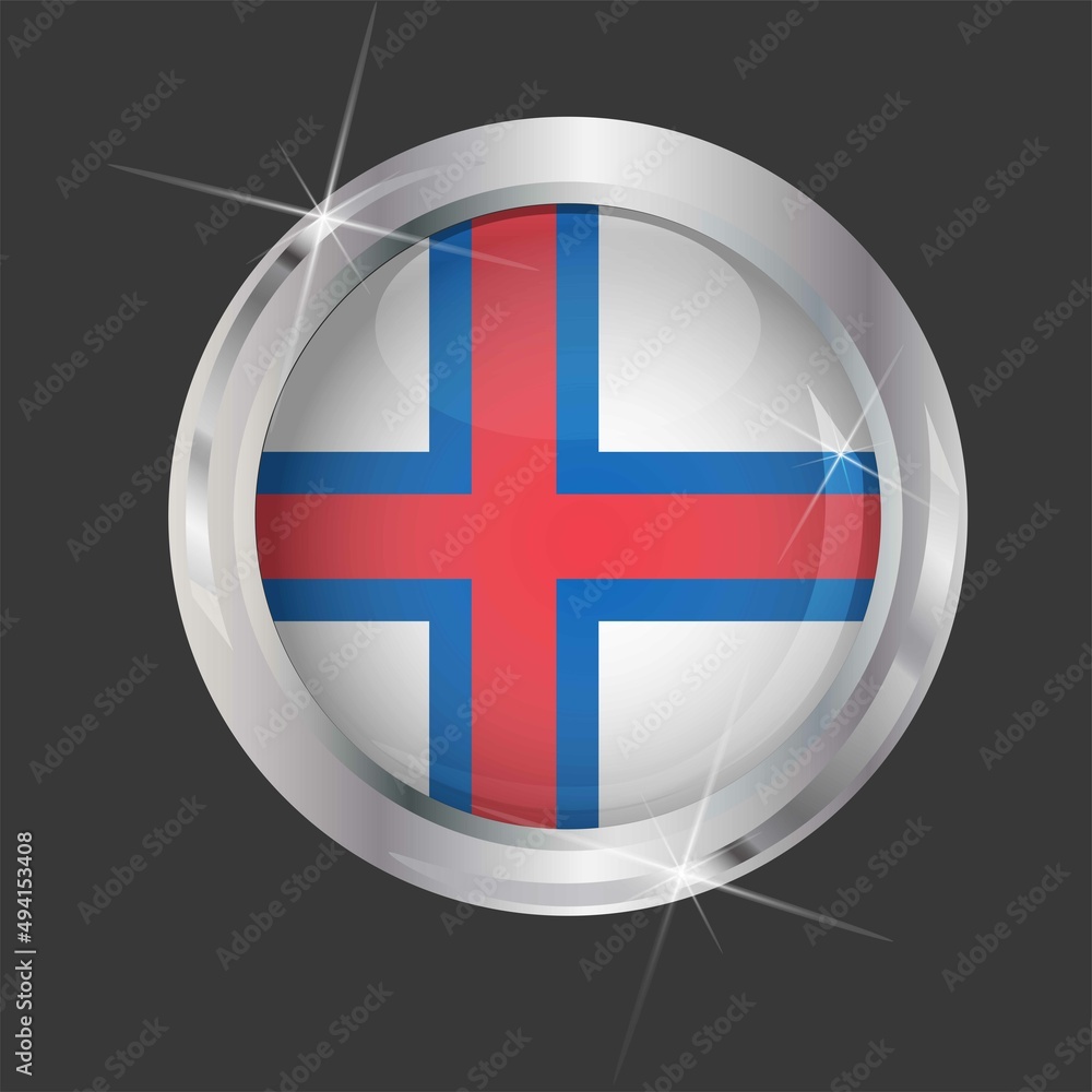 Fototapeta premium Flag of Faroe Islands in circle. 3D effect. Glossy and shiny button with metal frame and sparkles. Light reflection. Round Graphic design element. Isolated on gray background. Vector image EPS 10. 