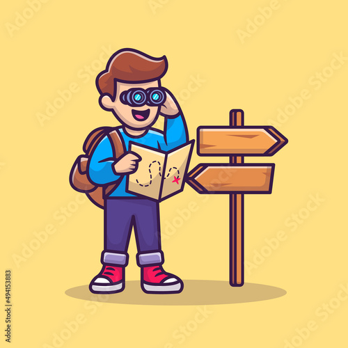 Cute Travelling Boy With Binocular Cartoon Vector Icon Illustration. People Icon Concept Isolated Premium Vector. Flat Cartoon Style