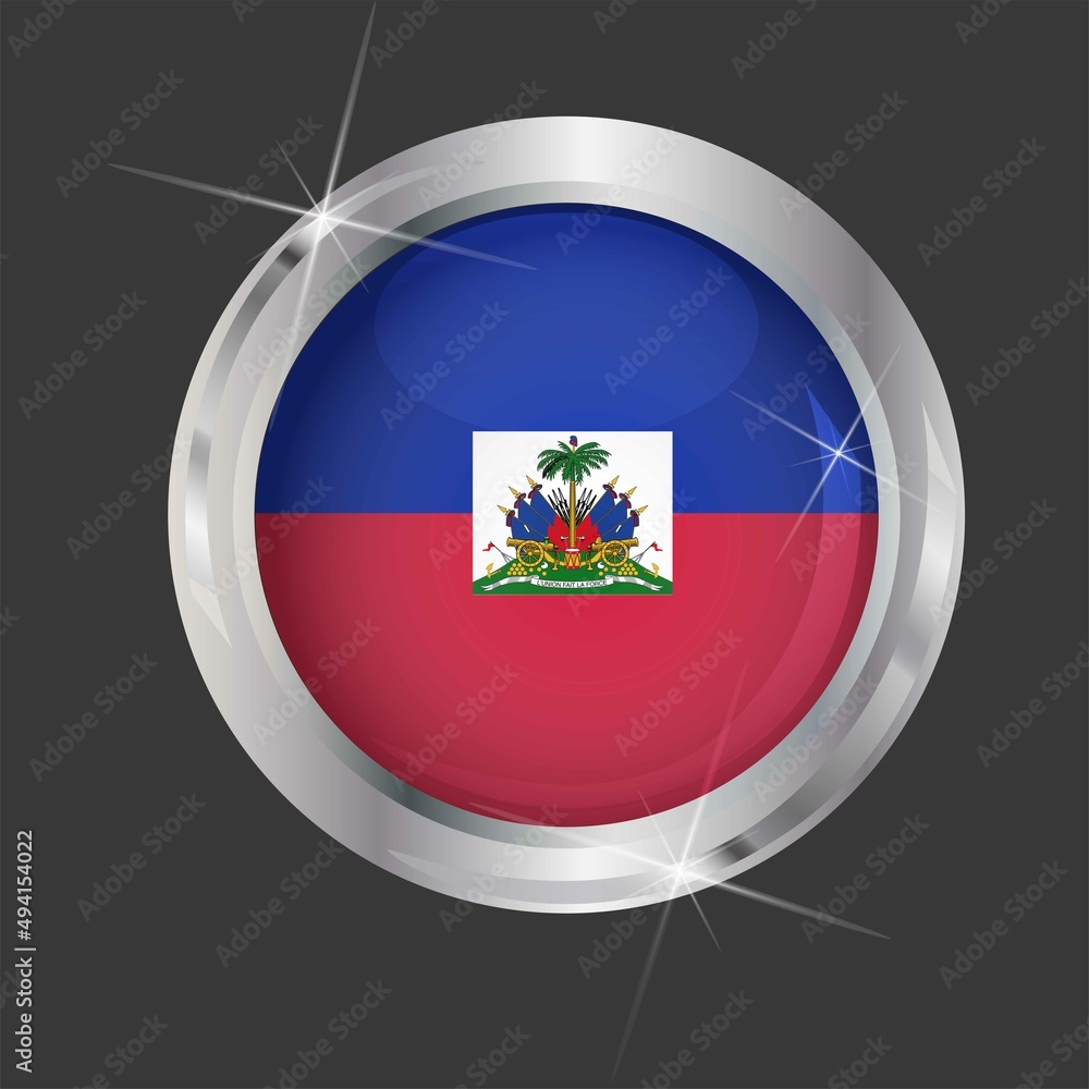 Obraz premium Flag of Haiti in circle. 3D effect. Glossy and shiny button with metal frame and sparkles. Light reflection. Round Graphic design element. Isolated on gray background. Vector image EPS 10. 