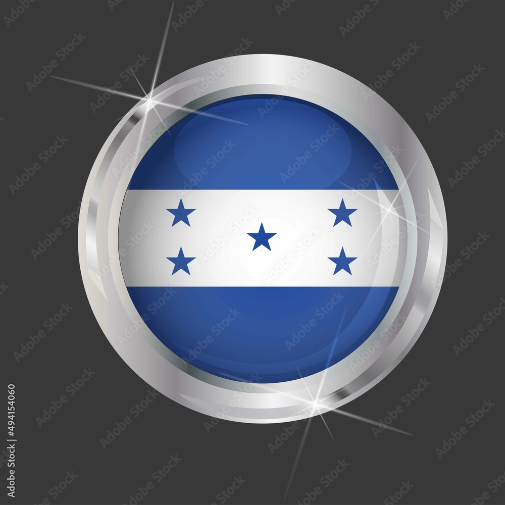 Flag of Honduras in circle. 3D effect. Glossy and shiny button with metal frame and sparkles. Light reflection. Round Graphic design element. Isolated on gray background. Vector image EPS 10. Flag of Honduras in circle. 3D effect. Glossy and shiny button with metal frame and sparkles. Light reflection. Round Graphic design element. Isolated on gray background. Vector image EPS 10.