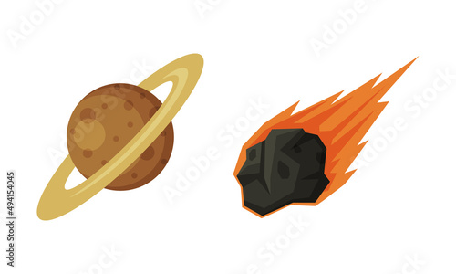 Saturn planet and flying flaming meteorite vector illustration