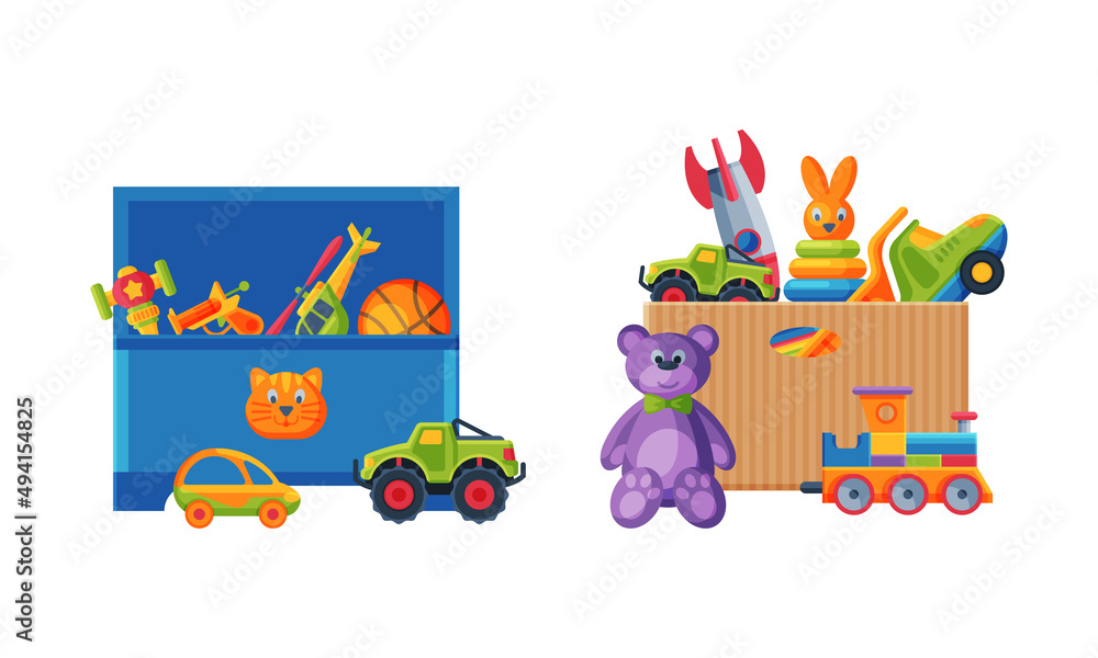 Fototapeta premium Cardboard and plastic box full of toys set. Colorful toys for kids cartoon vector illustration