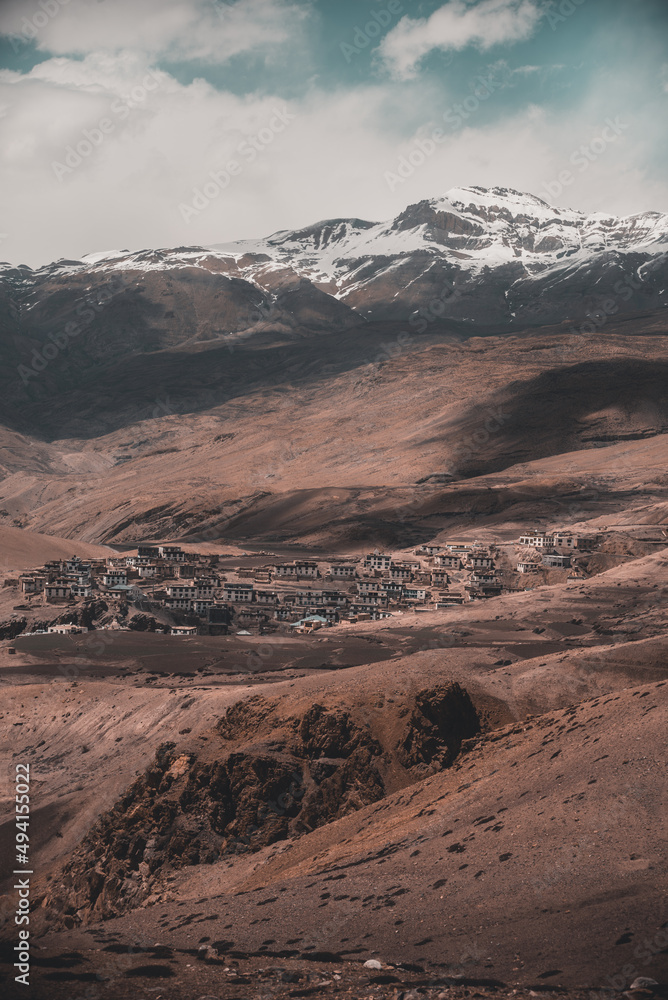Fototapeta premium Travel photograph of a small village located in the mountains of Spiti valley in Himachal Pradesh, India