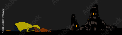 Fotografi woman mourns deceased in destroyed city
