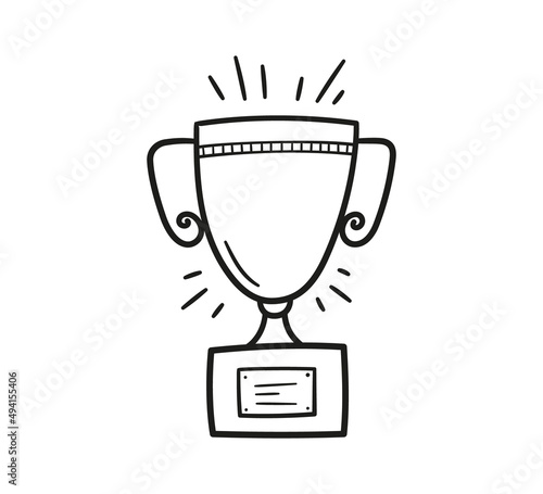 Doodle champion trophy cup of winner. Hand drawn award decorative icon. Sport prize trophy. Vector illustration isolated on white background.