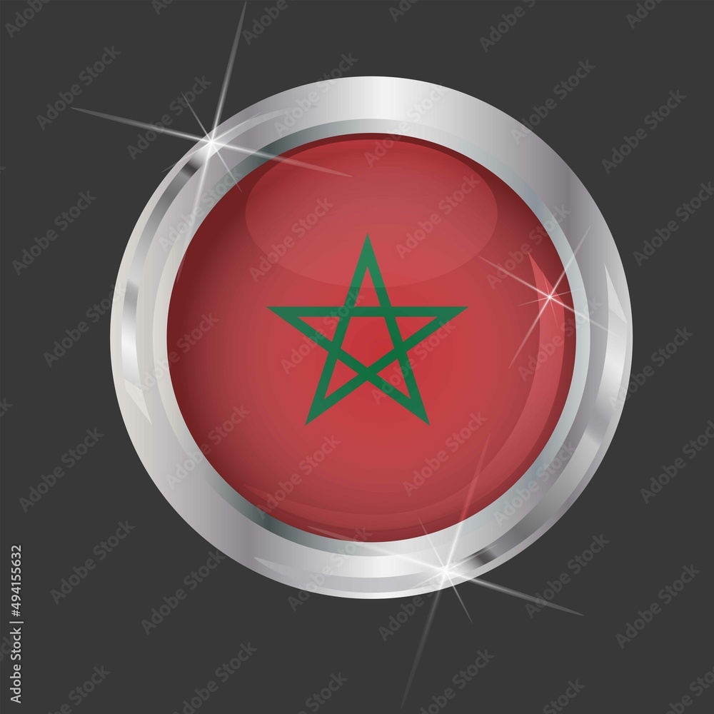 Flag of Morocco in circle. 3D effect. Glossy and shiny button with metal frame and sparkles. Light reflection. Round Graphic design element. Isolated on gray background. Vector image EPS10 Flag of Morocco in circle. 3D effect. Glossy and shiny button with metal frame and sparkles. Light reflection. Round Graphic design element. Isolated on gray background. Vector image EPS10