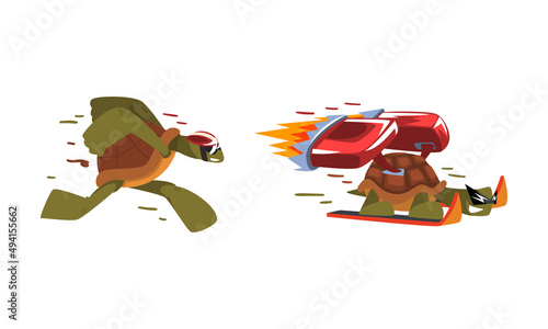Fast funny turtles set. Funny tortoise running and skiing with turbo speed booster cartoon vector illustration