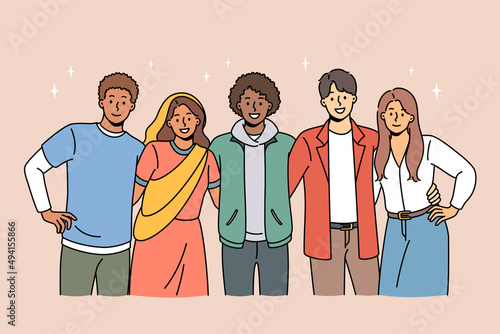 Portrait of multicultural young people stand pose together hugging show international friendship and unity. Smiling diverse multiethnic friends enjoy time together. Diversity. Vector illustration. 